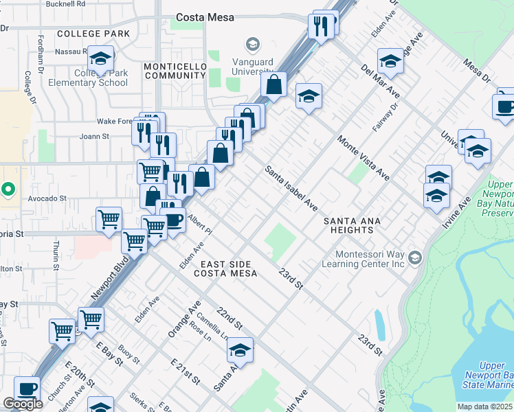 map of restaurants, bars, coffee shops, grocery stores, and more near 198 Brandywyne Terrace in Costa Mesa