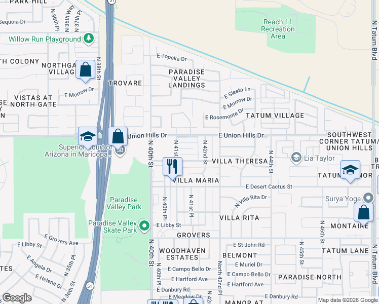 map of restaurants, bars, coffee shops, grocery stores, and more near 4123 East Wagoner Road in Phoenix