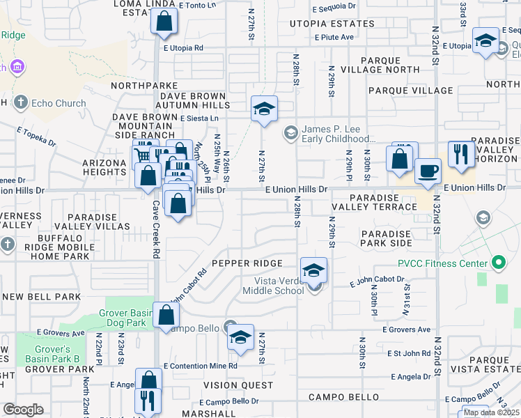 map of restaurants, bars, coffee shops, grocery stores, and more near 2702 East Bluefield Avenue in Phoenix