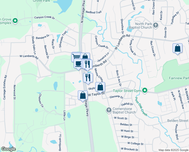 map of restaurants, bars, coffee shops, grocery stores, and more near 2016 Monte Cristo Way in Sherman