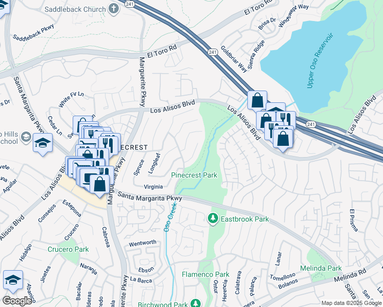 map of restaurants, bars, coffee shops, grocery stores, and more near 21251 Limber in Mission Viejo