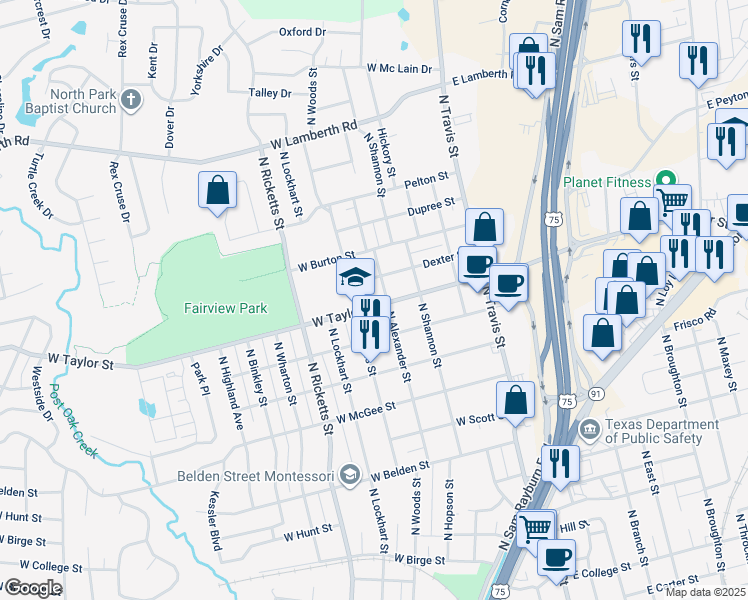 map of restaurants, bars, coffee shops, grocery stores, and more near 1900 North Alexander Street in Sherman