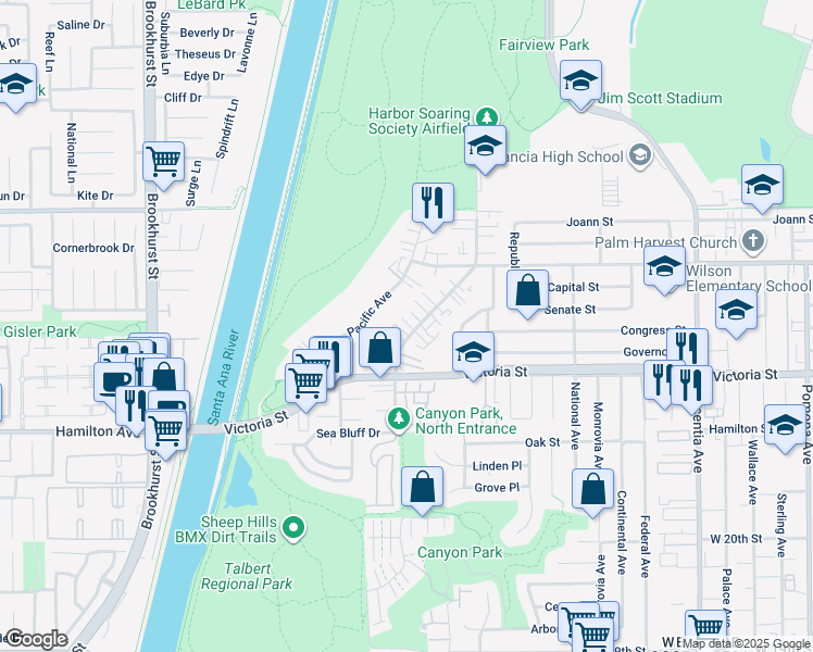 map of restaurants, bars, coffee shops, grocery stores, and more near 2195 Canyon Drive in Costa Mesa