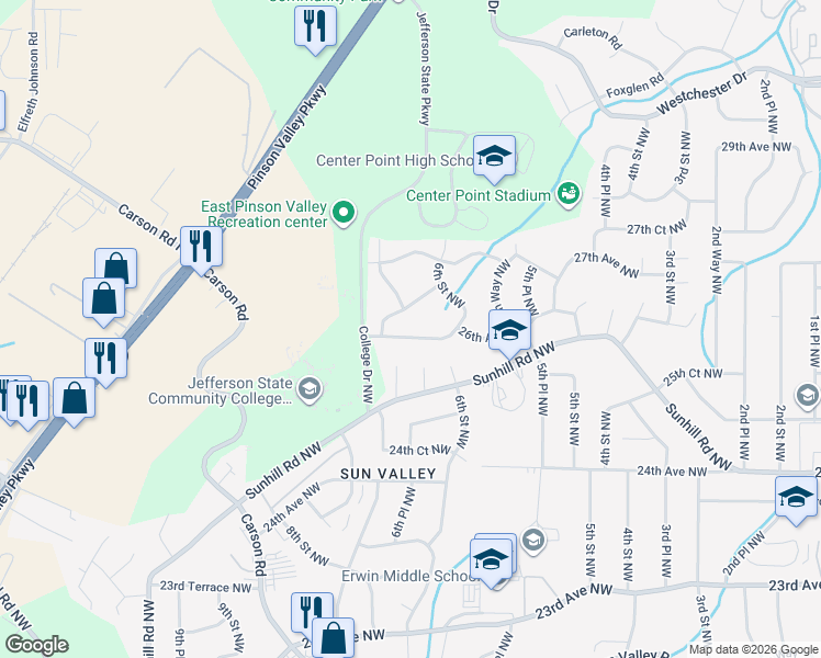 map of restaurants, bars, coffee shops, grocery stores, and more near 624 26th Avenue Northwest in Center Point