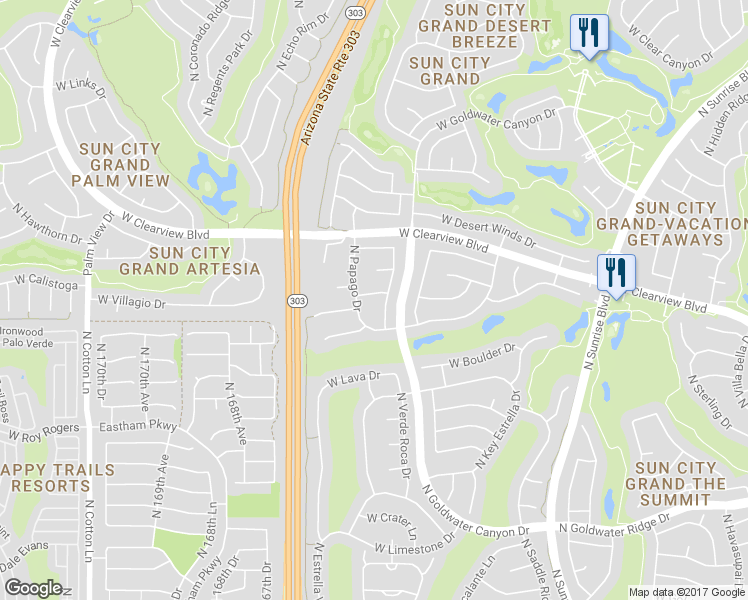 map of restaurants, bars, coffee shops, grocery stores, and more near 16445 West Desert Stone Lane in Surprise