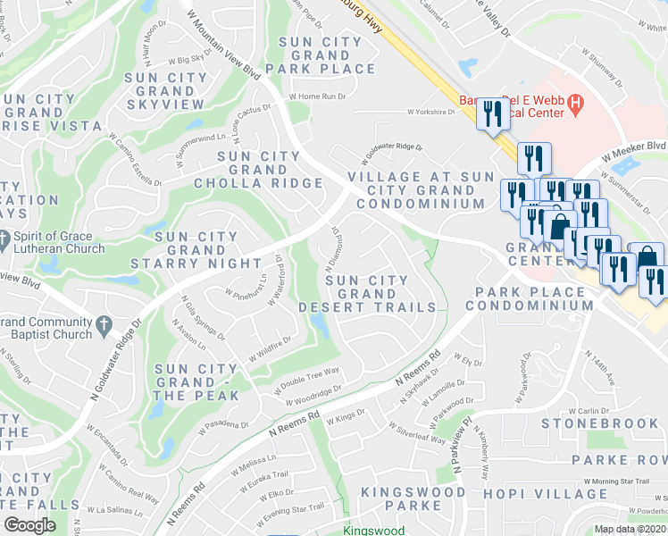 map of restaurants, bars, coffee shops, grocery stores, and more near 15032 West Medinah Way in Surprise