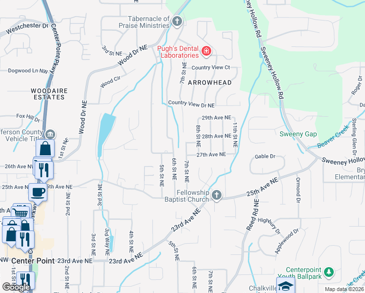 map of restaurants, bars, coffee shops, grocery stores, and more near 2708 7th Street Northeast in Center Point