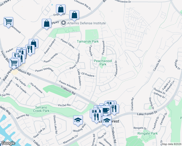 map of restaurants, bars, coffee shops, grocery stores, and more near 25214 Tanoak Lane in Lake Forest
