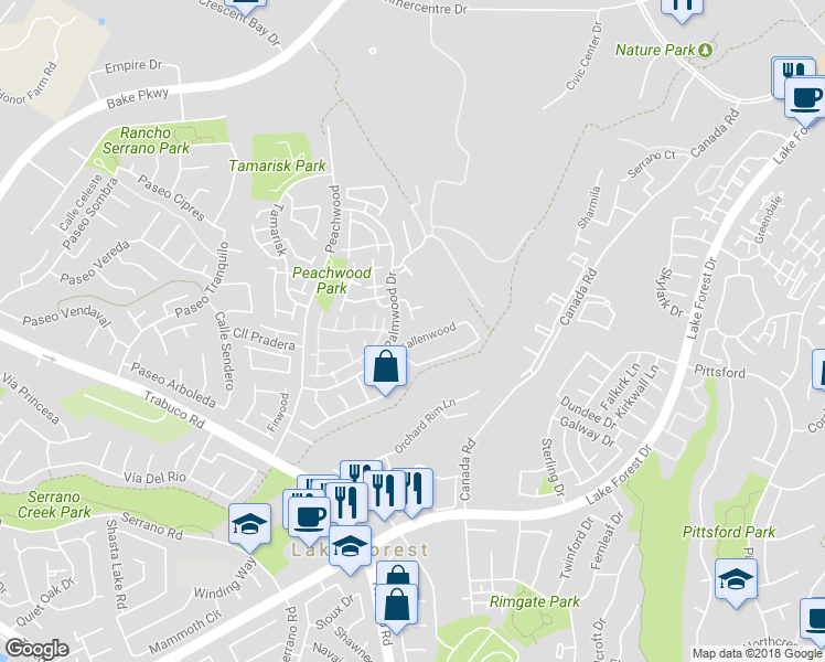 map of restaurants, bars, coffee shops, grocery stores, and more near 25555 Fallenwood in Lake Forest