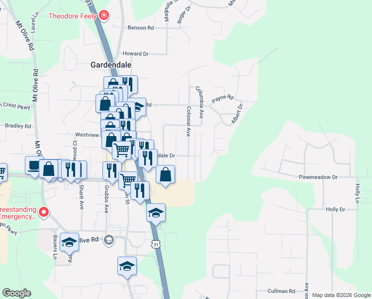 map of restaurants, bars, coffee shops, grocery stores, and more near 1110 Colonial Avenue in Gardendale