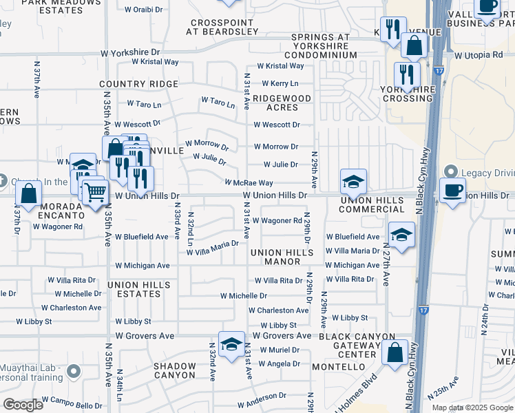 map of restaurants, bars, coffee shops, grocery stores, and more near 18438 North 30th Lane in Phoenix