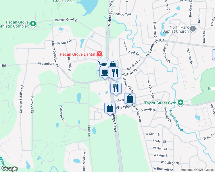 map of restaurants, bars, coffee shops, grocery stores, and more near 2116 Farm to Market Road 1417 in Sherman