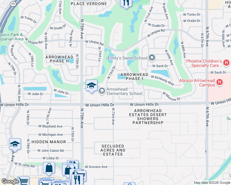map of restaurants, bars, coffee shops, grocery stores, and more near 7218 West Julie Drive in Glendale