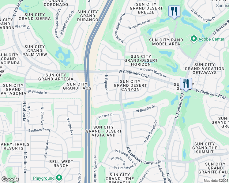 map of restaurants, bars, coffee shops, grocery stores, and more near 16445 West Desert Stone Lane in Surprise