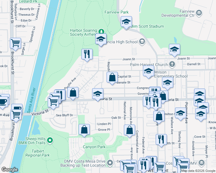 map of restaurants, bars, coffee shops, grocery stores, and more near 960 Congress Street in Costa Mesa