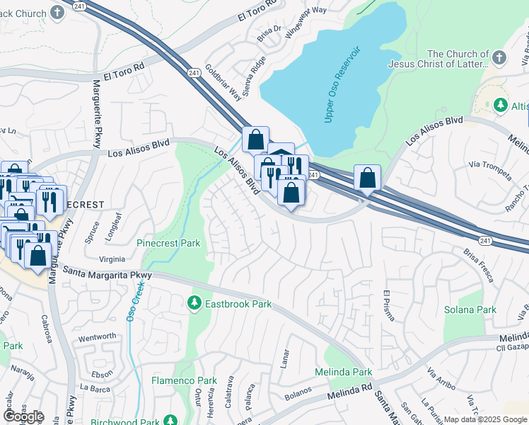 map of restaurants, bars, coffee shops, grocery stores, and more near 21252 San Miguel in Mission Viejo