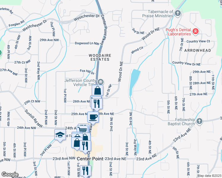 map of restaurants, bars, coffee shops, grocery stores, and more near 2617 1st Street Northeast in Center Point