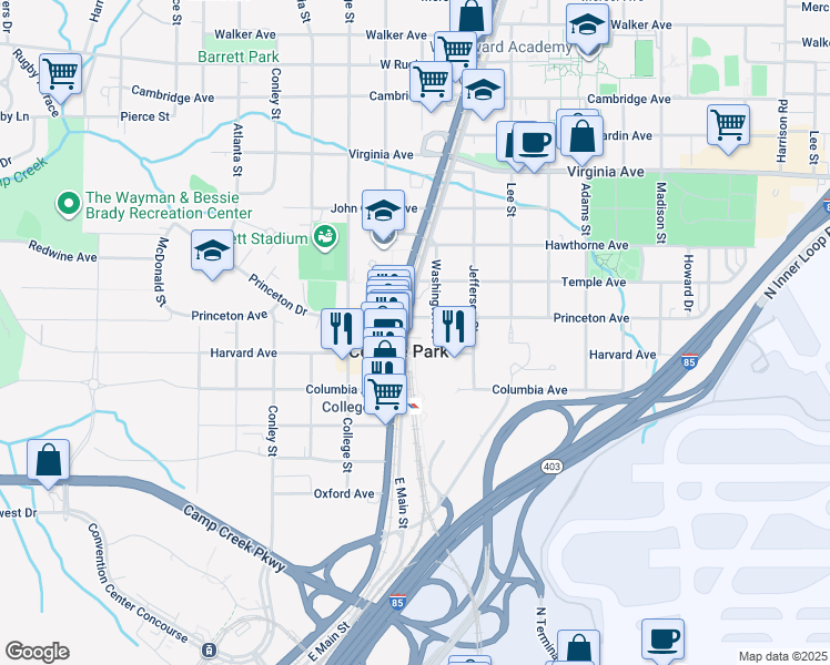 map of restaurants, bars, coffee shops, grocery stores, and more near 3710 Main Street in College Park