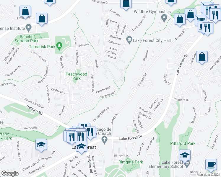 map of restaurants, bars, coffee shops, grocery stores, and more near 25652 Fallenwood in Lake Forest