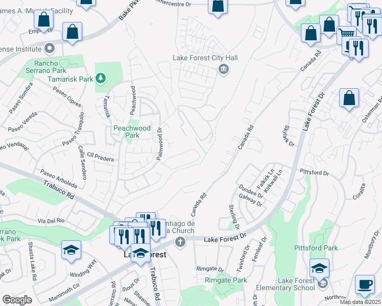 map of restaurants, bars, coffee shops, grocery stores, and more near 25652 Fallenwood in Lake Forest