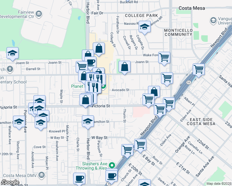 map of restaurants, bars, coffee shops, grocery stores, and more near 377 Avocado Street in Costa Mesa
