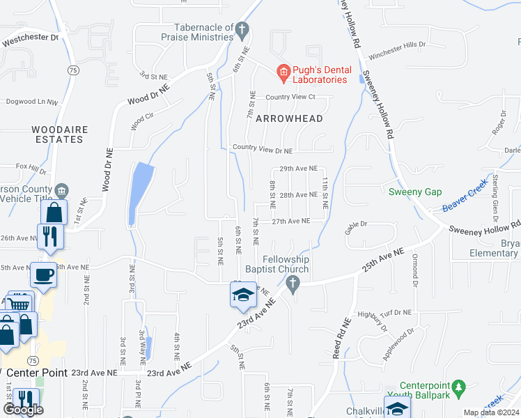 map of restaurants, bars, coffee shops, grocery stores, and more near 701 27th Court Northeast in Center Point