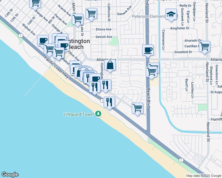 map of restaurants, bars, coffee shops, grocery stores, and more near 80 Huntington Street in Huntington Beach