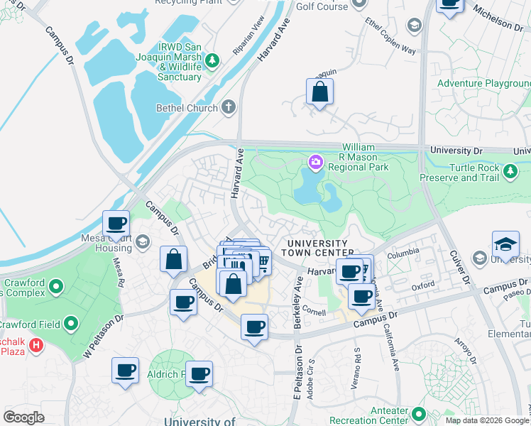 map of restaurants, bars, coffee shops, grocery stores, and more near 51 Lehigh Aisle in Irvine