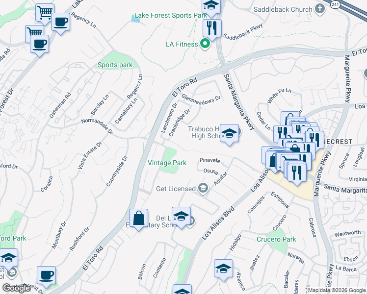 map of restaurants, bars, coffee shops, grocery stores, and more near 27191 Valleymont Road in Lake Forest