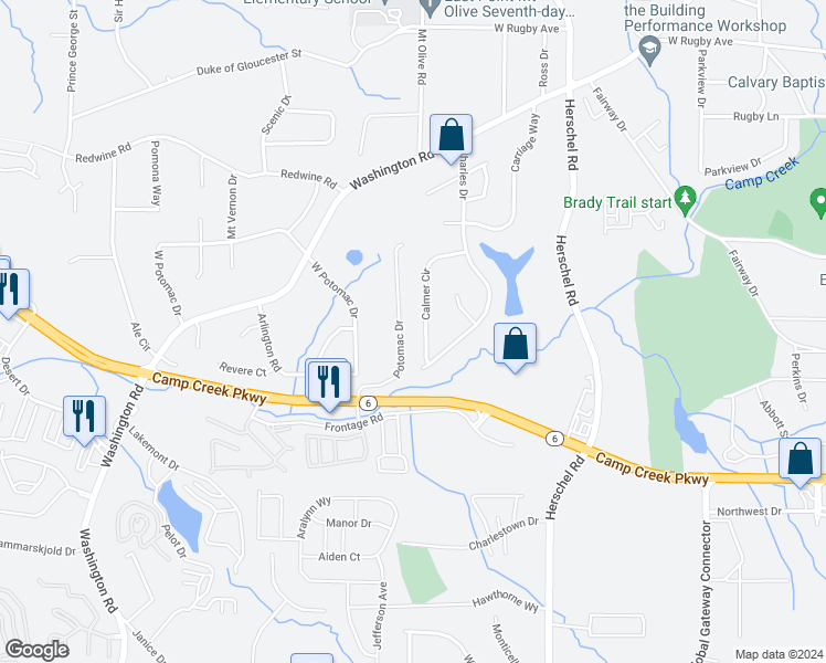 map of restaurants, bars, coffee shops, grocery stores, and more near 3717 Calmer Circle in Atlanta