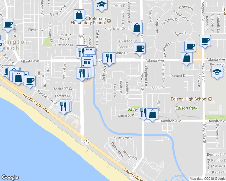 map of restaurants, bars, coffee shops, grocery stores, and more near 21231 Cupar Lane in Huntington Beach