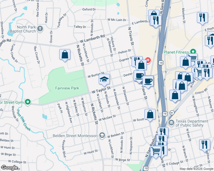 map of restaurants, bars, coffee shops, grocery stores, and more near 1900 North Alexander Street in Sherman