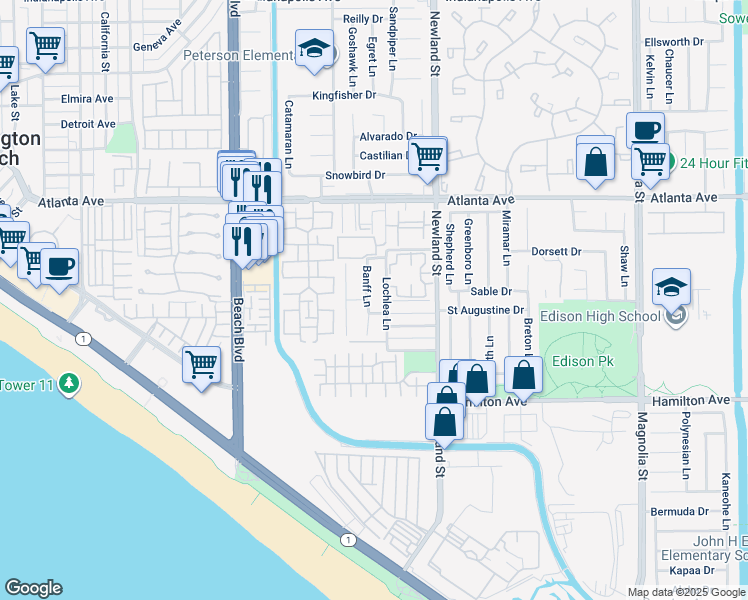 map of restaurants, bars, coffee shops, grocery stores, and more near 21232 Banff Lane in Huntington Beach