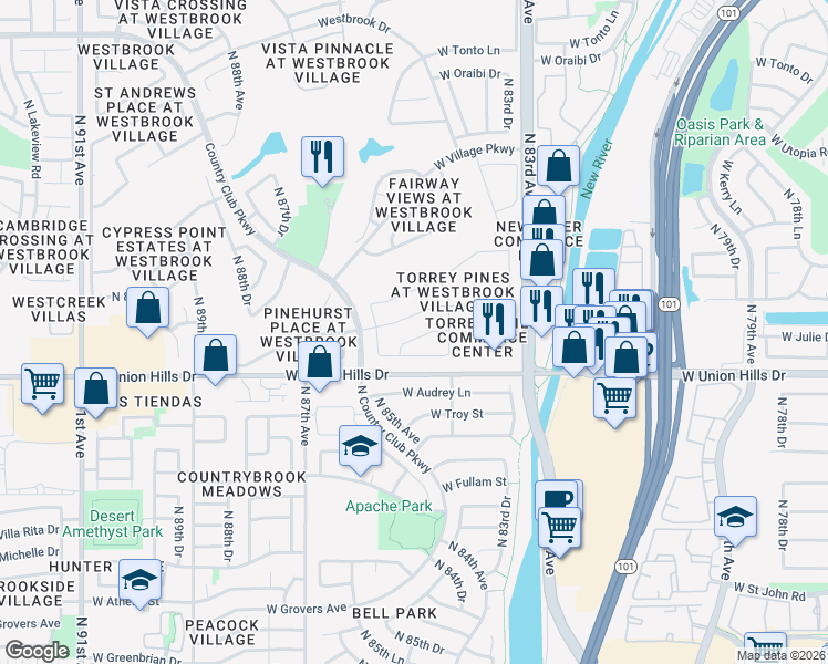 map of restaurants, bars, coffee shops, grocery stores, and more near 8462 West Rose Pilar Court in Peoria