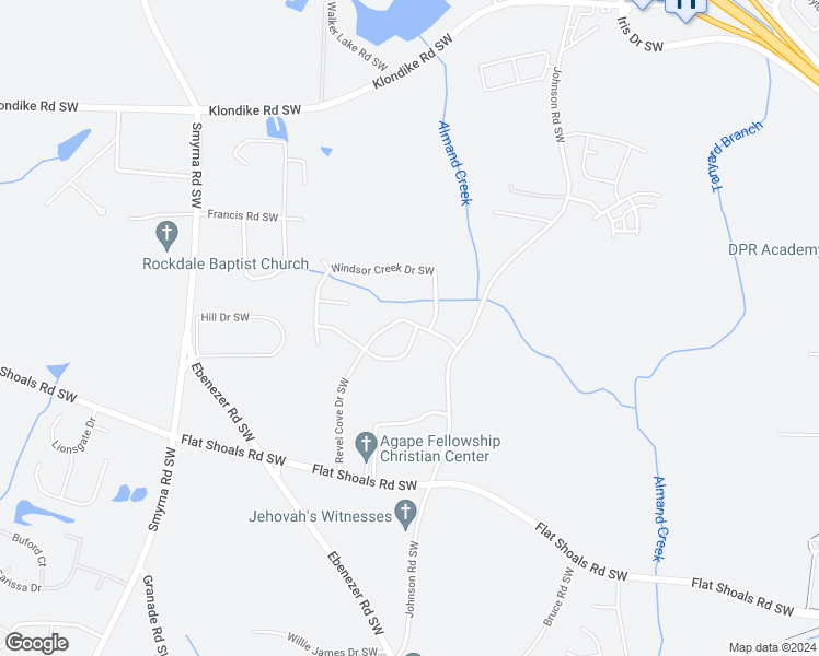 map of restaurants, bars, coffee shops, grocery stores, and more near 1653 Lancaster Creek Circle Southwest in Conyers