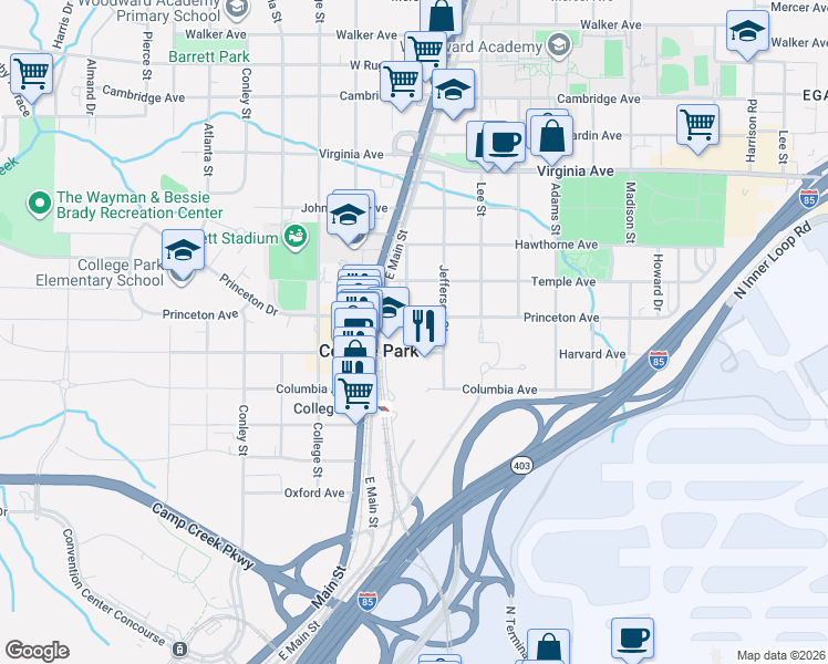 map of restaurants, bars, coffee shops, grocery stores, and more near 1777 Harvard Avenue in College Park