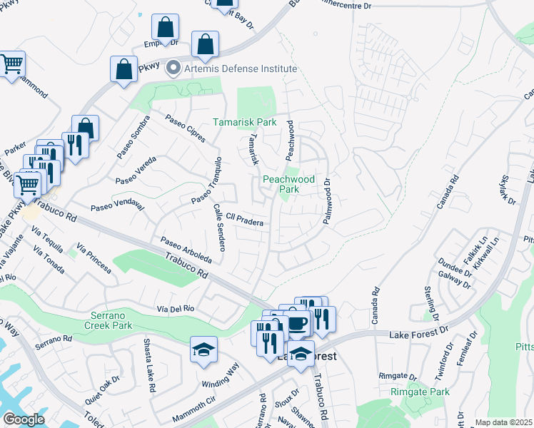 map of restaurants, bars, coffee shops, grocery stores, and more near 25297 Tanoak Lane in Lake Forest