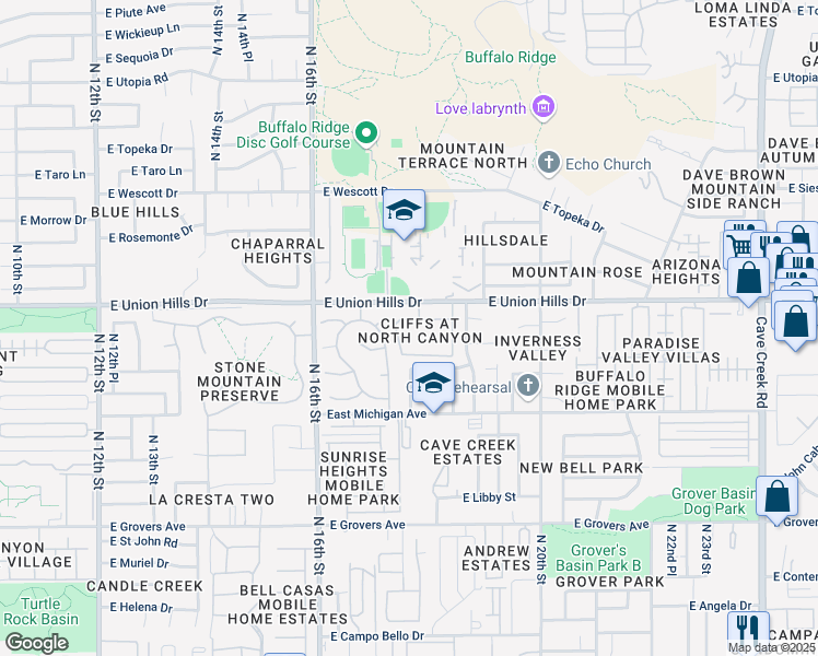 map of restaurants, bars, coffee shops, grocery stores, and more near 1717 East Union Hills Drive in Phoenix