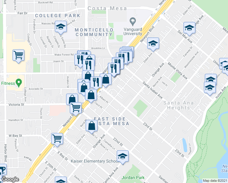 map of restaurants, bars, coffee shops, grocery stores, and more near 2311 Elden Avenue in Costa Mesa