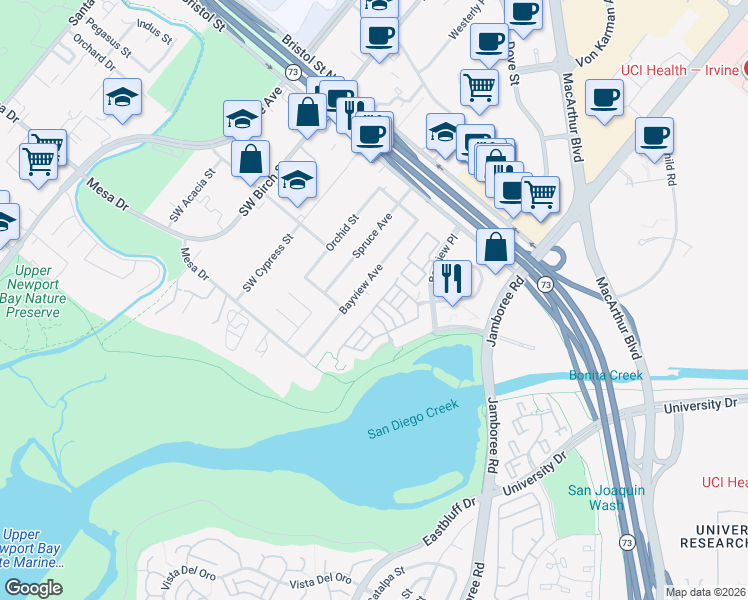 map of restaurants, bars, coffee shops, grocery stores, and more near 51 Shearwater Place in Newport Beach