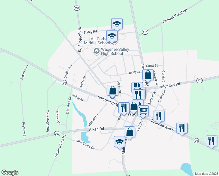 map of restaurants, bars, coffee shops, grocery stores, and more near 117 Lincoln Street in Wagener
