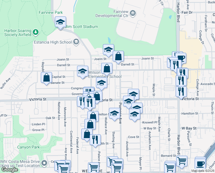 map of restaurants, bars, coffee shops, grocery stores, and more near 2199 Raleigh Avenue in Costa Mesa