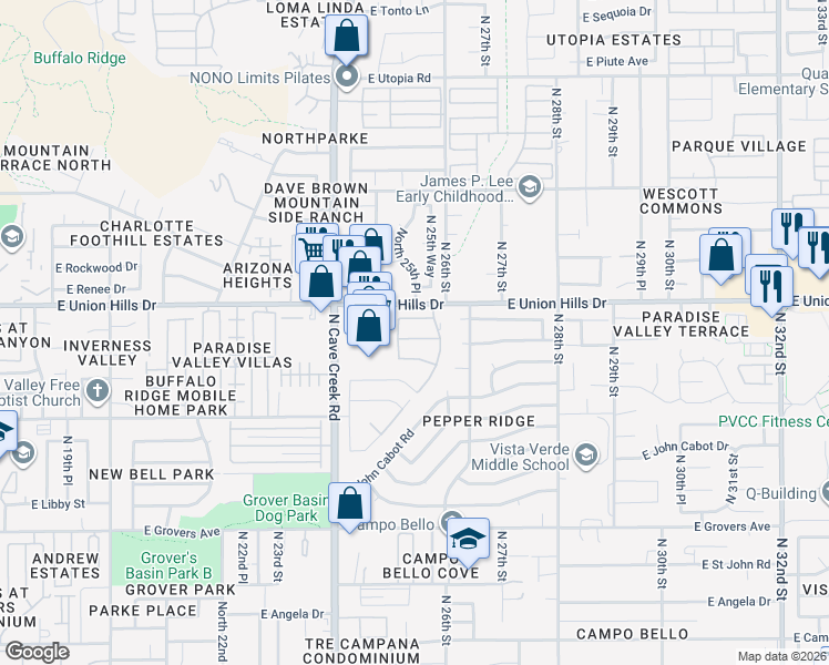 map of restaurants, bars, coffee shops, grocery stores, and more near 2534 East Wagoner Road in Phoenix