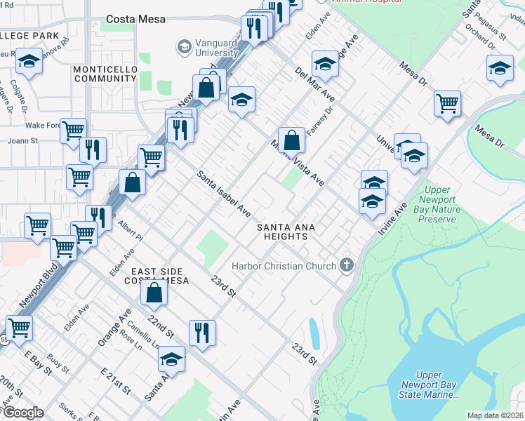 map of restaurants, bars, coffee shops, grocery stores, and more near 2408 Carlton Place in Costa Mesa