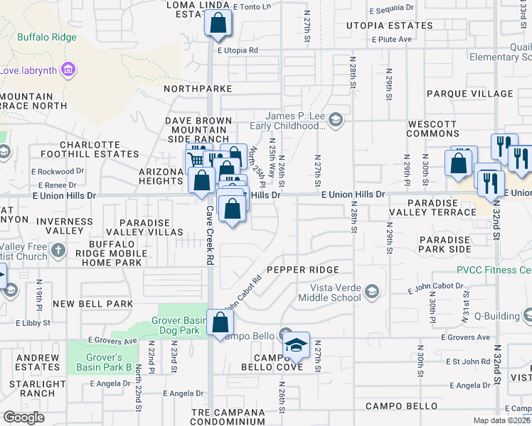 map of restaurants, bars, coffee shops, grocery stores, and more near 2534 East Wagoner Road in Phoenix