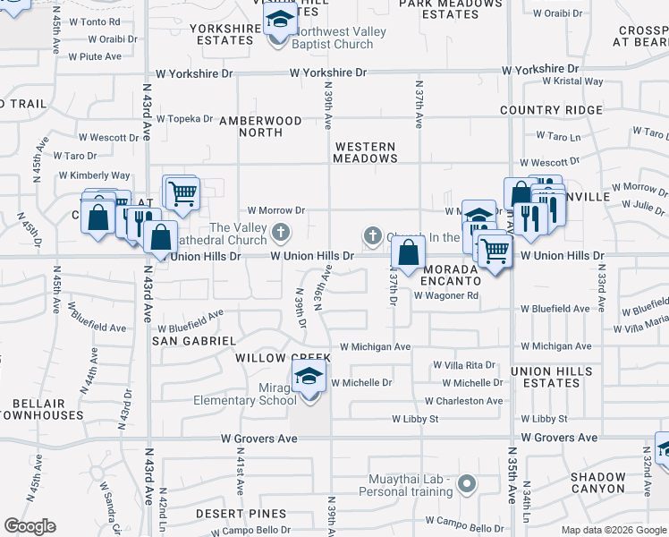 map of restaurants, bars, coffee shops, grocery stores, and more near 18301 North 39th Avenue in Glendale