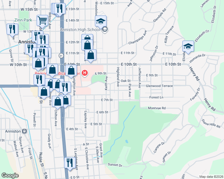 map of restaurants, bars, coffee shops, grocery stores, and more near 801 Keith Avenue in Anniston