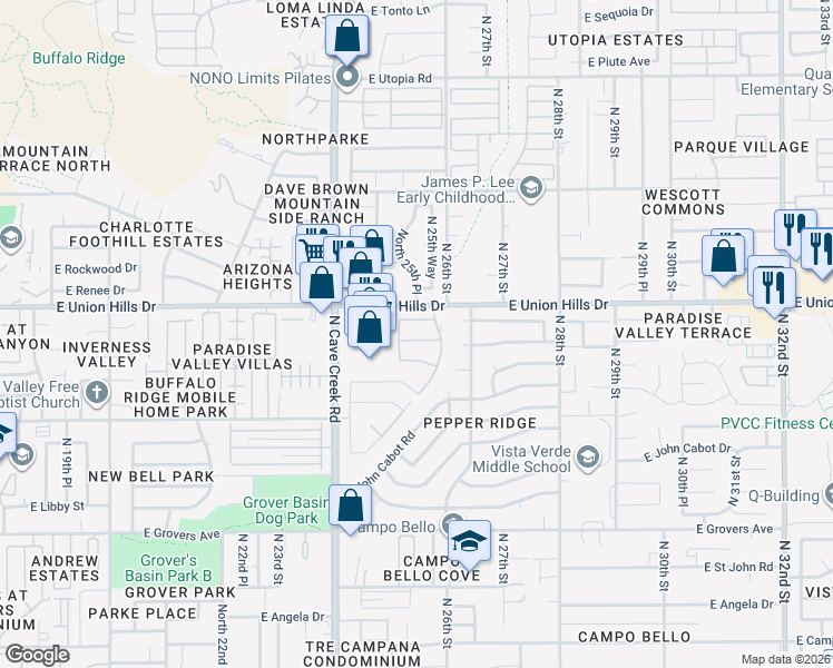 map of restaurants, bars, coffee shops, grocery stores, and more near 2534 East Wagoner Road in Phoenix