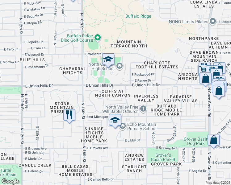 map of restaurants, bars, coffee shops, grocery stores, and more near 1717 East Union Hills Drive in Phoenix