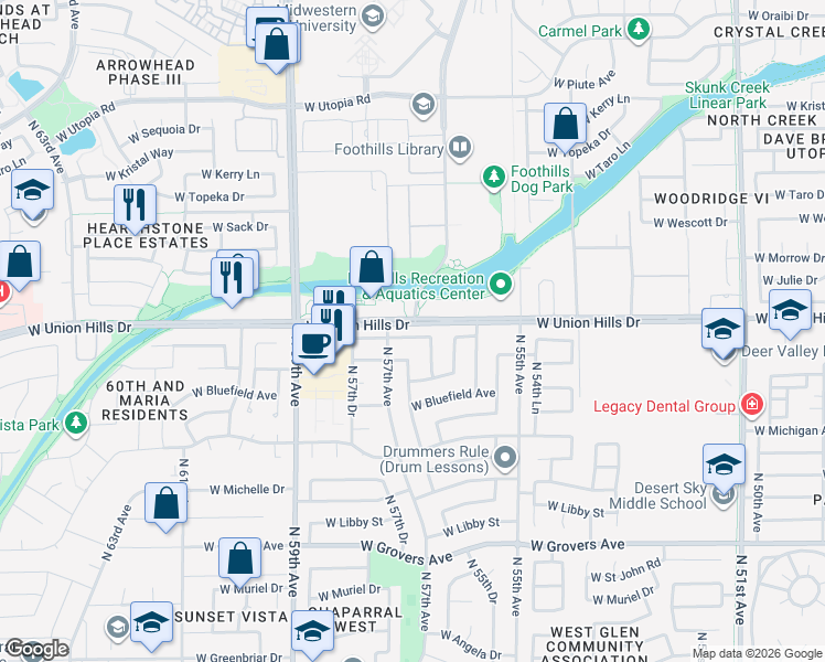 map of restaurants, bars, coffee shops, grocery stores, and more near 5654 West Villa Theresa Drive in Glendale